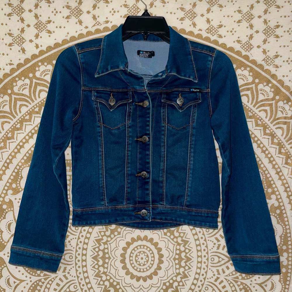 GIRLS “TRACTOR” DARK BUTTON-UP JEAN JACKET IN EXCELLENT CONDITION, GIRLS MEDIUM
